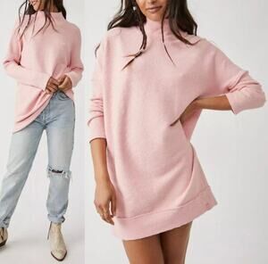 We The Free Pink Free People Casey Ribbed Knit Mock Neck Tunic Longline Sweater